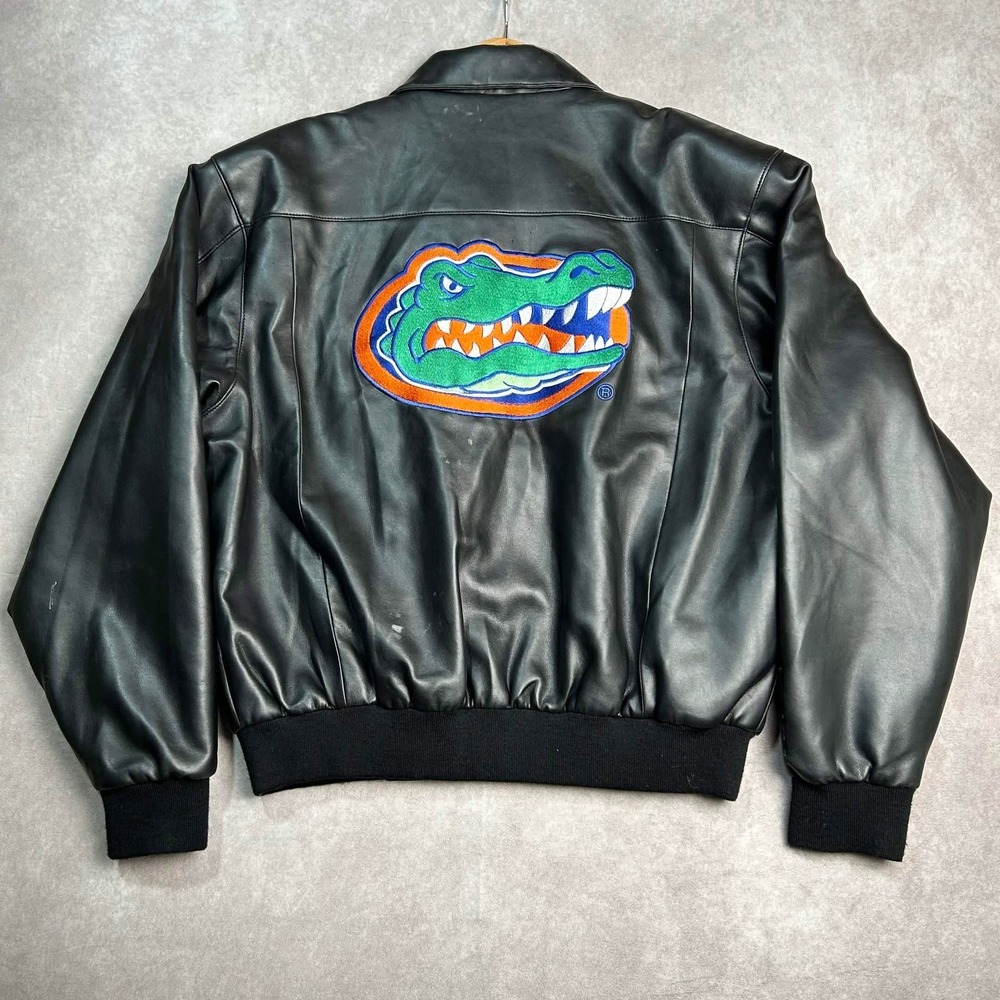 Varsity Excelled Florida Gators Mens Large Black Faux Leather Bomber Jacket Logo
